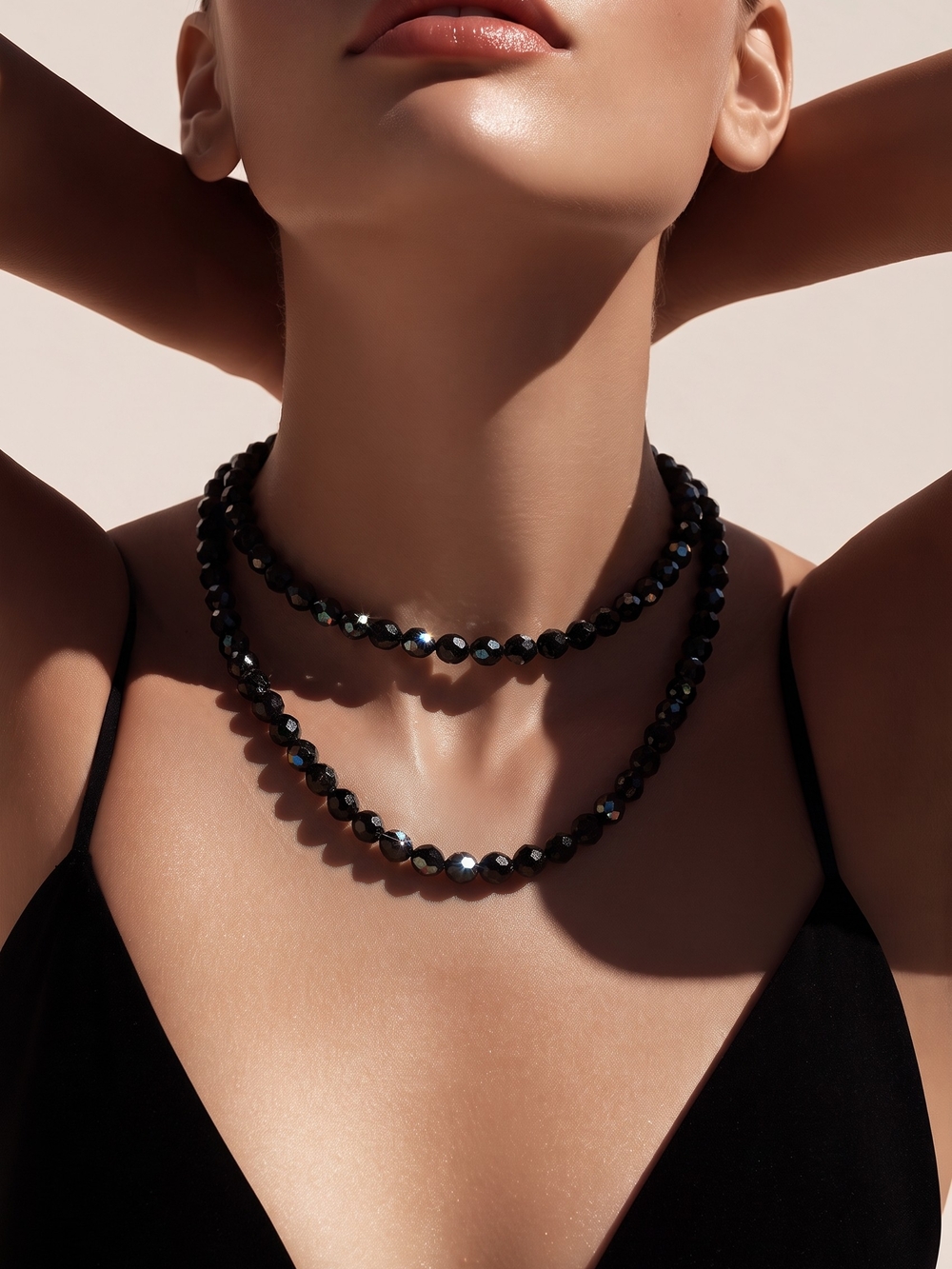 Faceted Black Glass Hand Knotted Fancy Clasp Gold Tone Vintage Collar Necklace